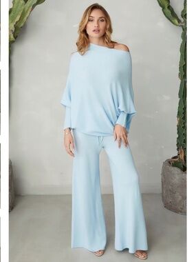 NWT Milio Milano Italian Sky Blue Wide Leg Knit Drawstring Pants XS/S